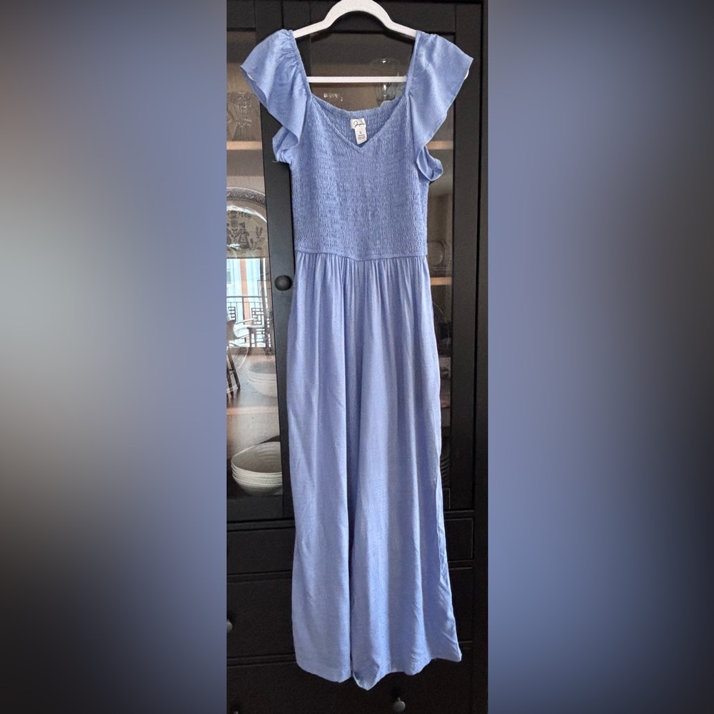 Japna Blue Jumpsuit with gathered elastic top and flutter sleeves size S pockets